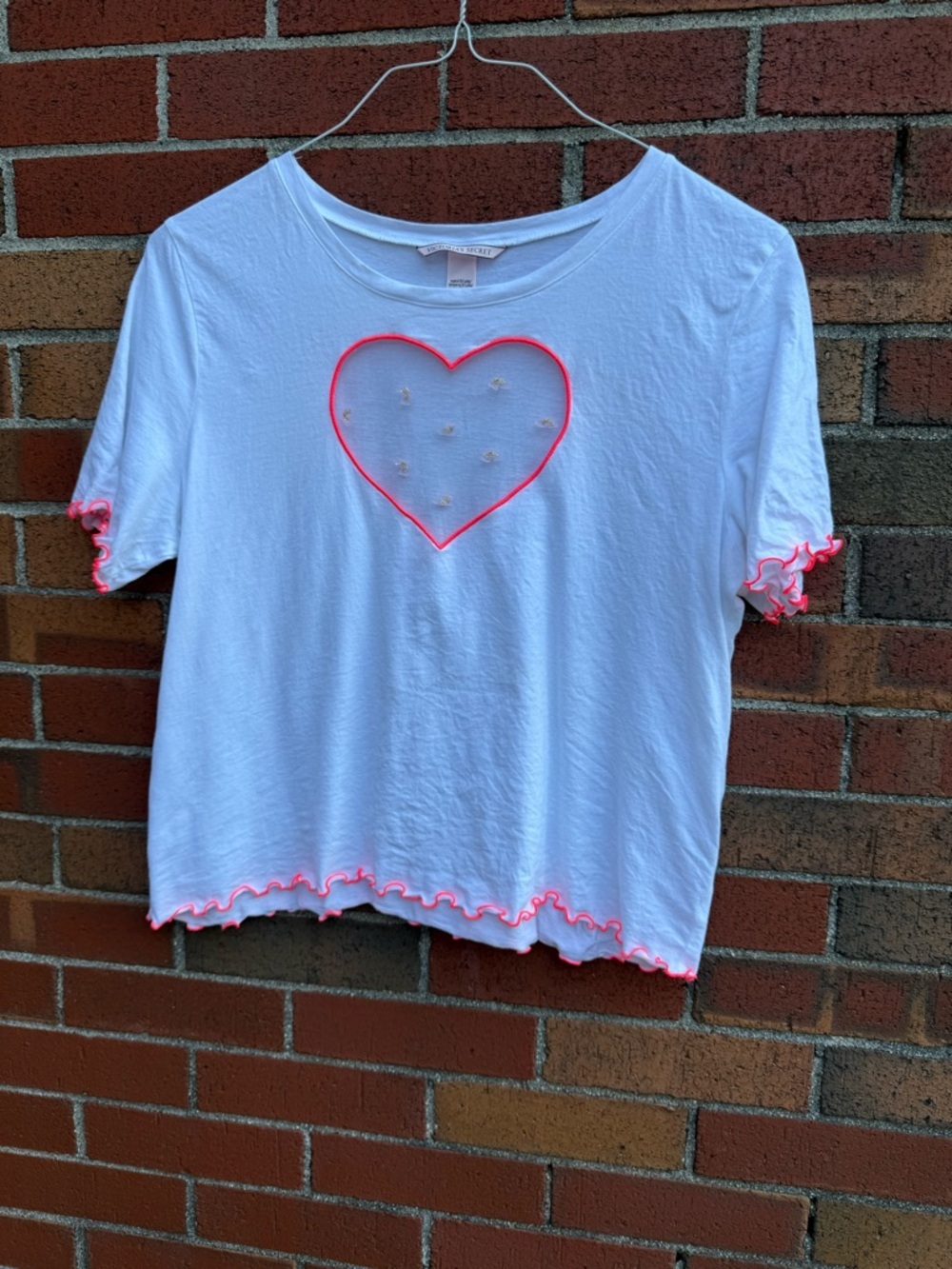 Victoria’s Secret White Mesh Heart Tee Neon Pink Lettuce Hem Y2K XL
